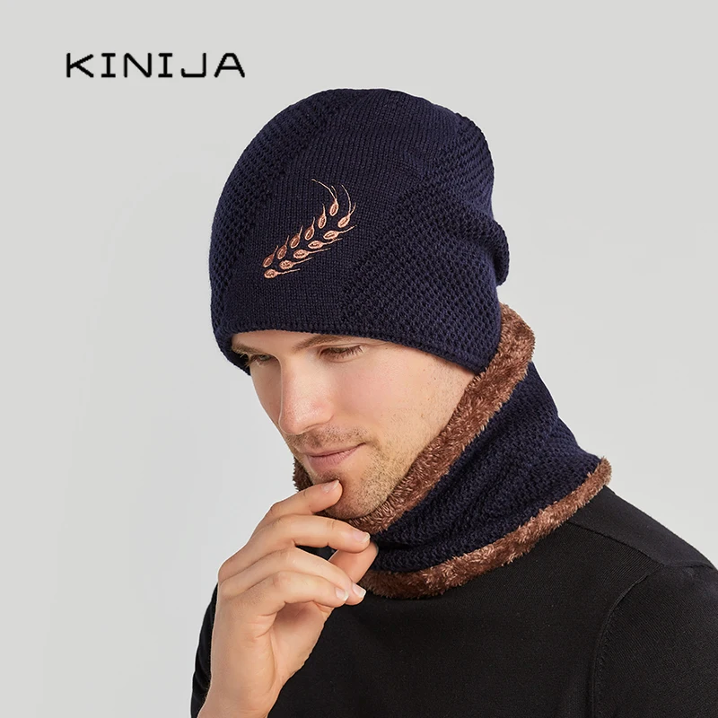 

Autumn Winter Men Fashion Wool Skull hat outdoor cycling warm velvet plush thicken knitted hat cold-proof cap Beanies Scarf Set
