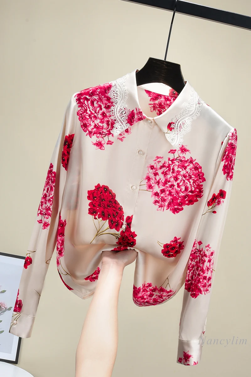 

Floral Print Top Women Chiffon Blouse Long Sleeve New Retro Lace Patch Turn-Down Collar Temperament Lady Shirt 2021 Spring