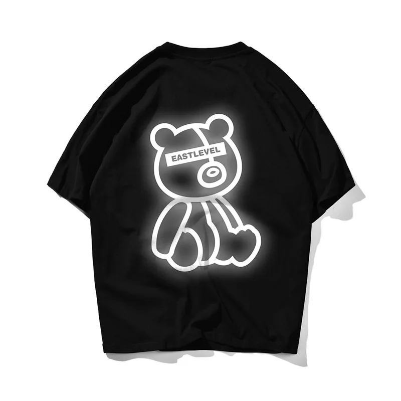 

Fashion Streetwear Men Cartoon Bear Reflective Print Casual Quality Cotton T Shirts Mens Oversize Shirts Tees Shirt Ropa Hombre