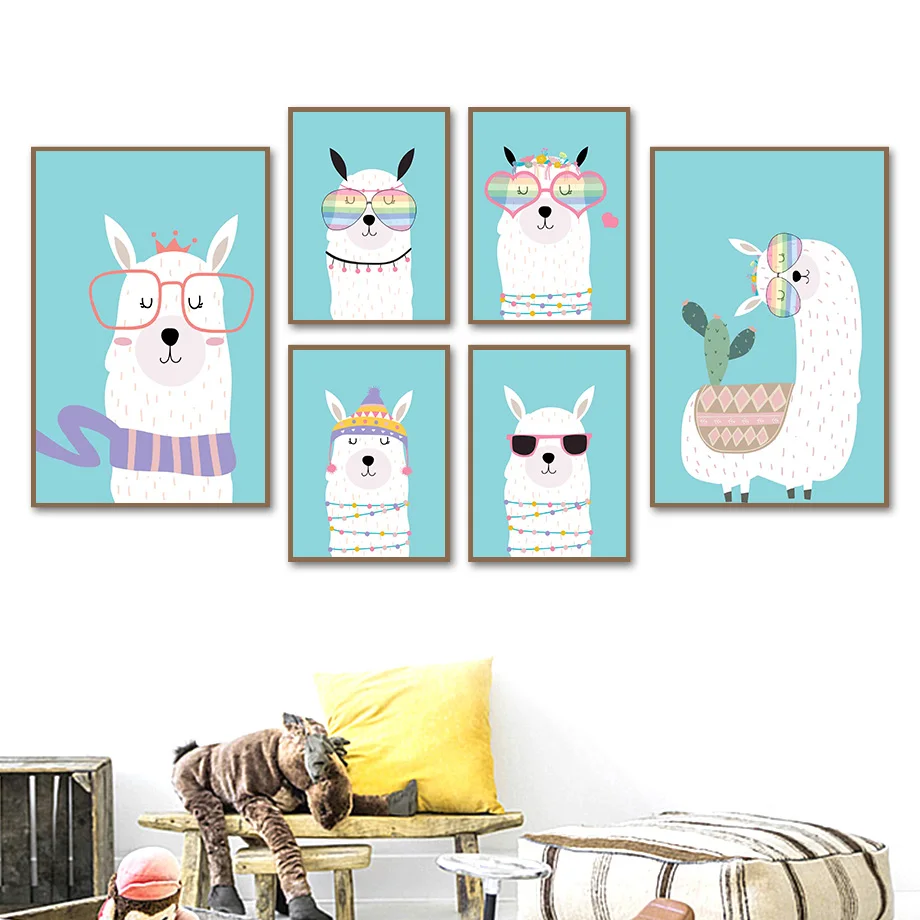 

Cute Cartoon Alpaca Cactus Sunglasses Wall Art Canvas Painting Nordic Posters And Prints Wall Pictures Kids Room Nursery Decor