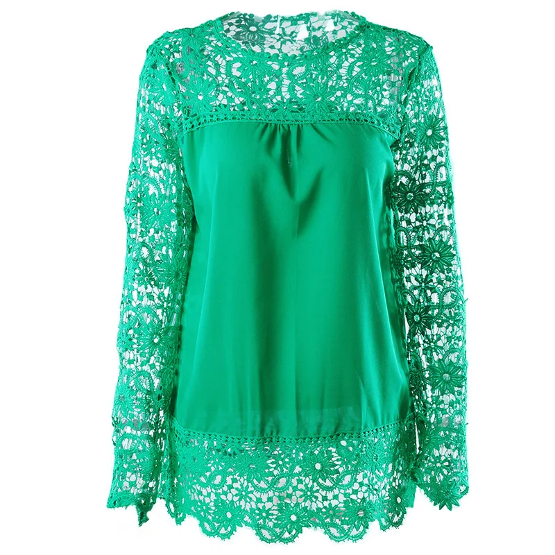 

Women's Spring Long-sleeved Hollow Flower Lace Chiffon Shirt Top Women