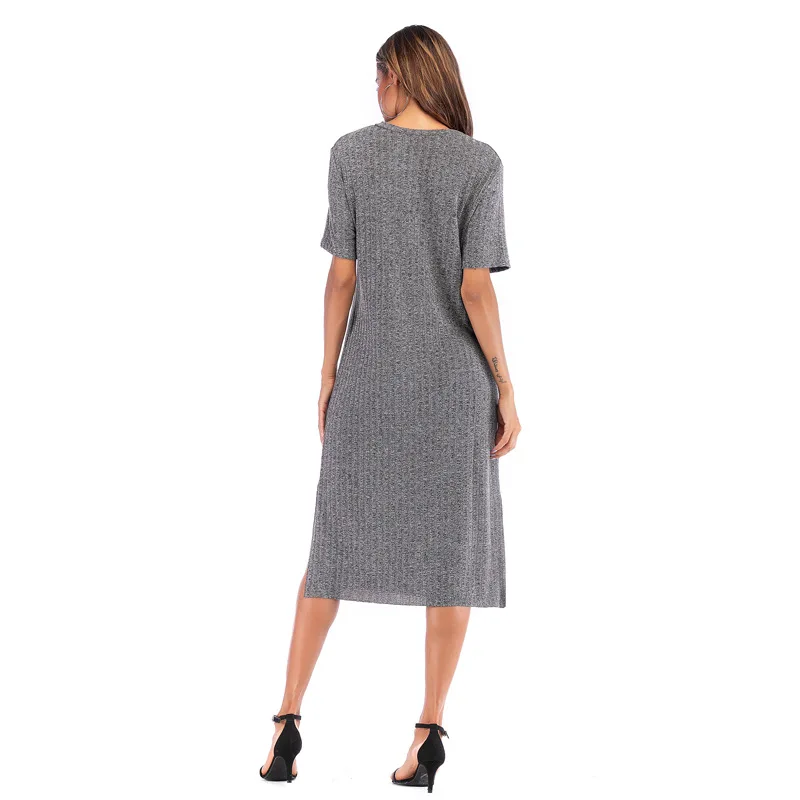 

2019 Autumn Dress Women Knit Dress Women's Solid Color Simple Short-sleeved Round Neck Split Dress