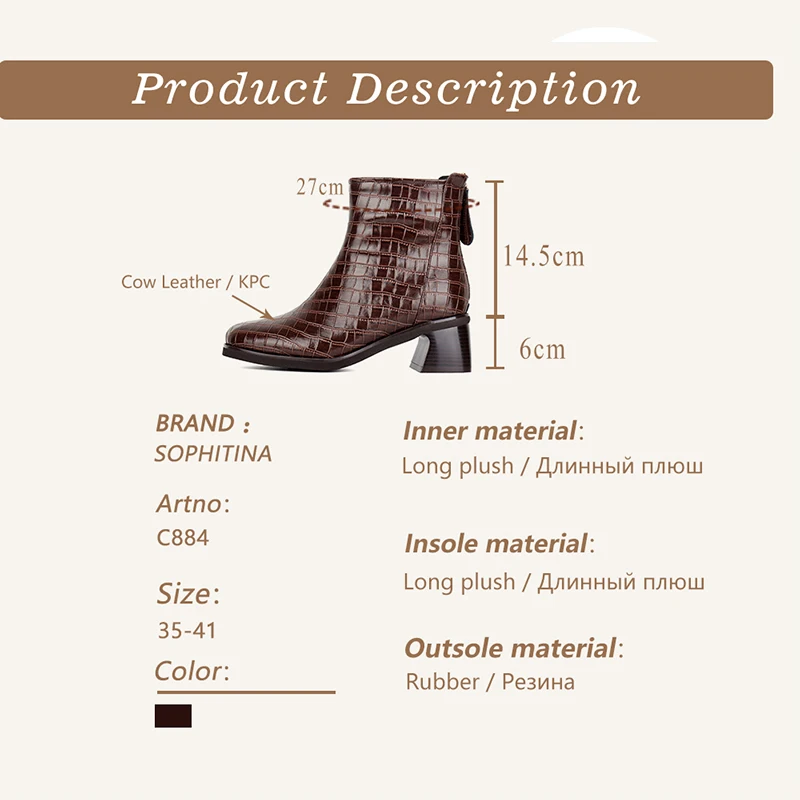 

SOPHITINA Women Winter Boots Warm Crocodile Pattern Premium Leather Ankle Boots Round Toe High Heel Fashion Women Shoes C884