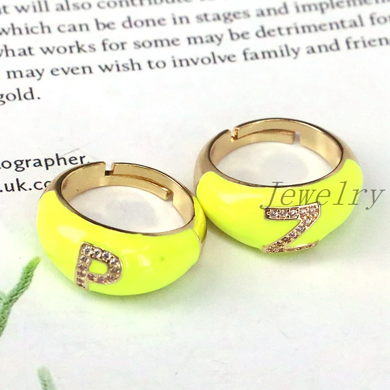 

5Pcs Yellow Enamel 26 Alphabet Letter Band Ring For Women CZ Name 2021 New Party Finger Jewelry Fashion