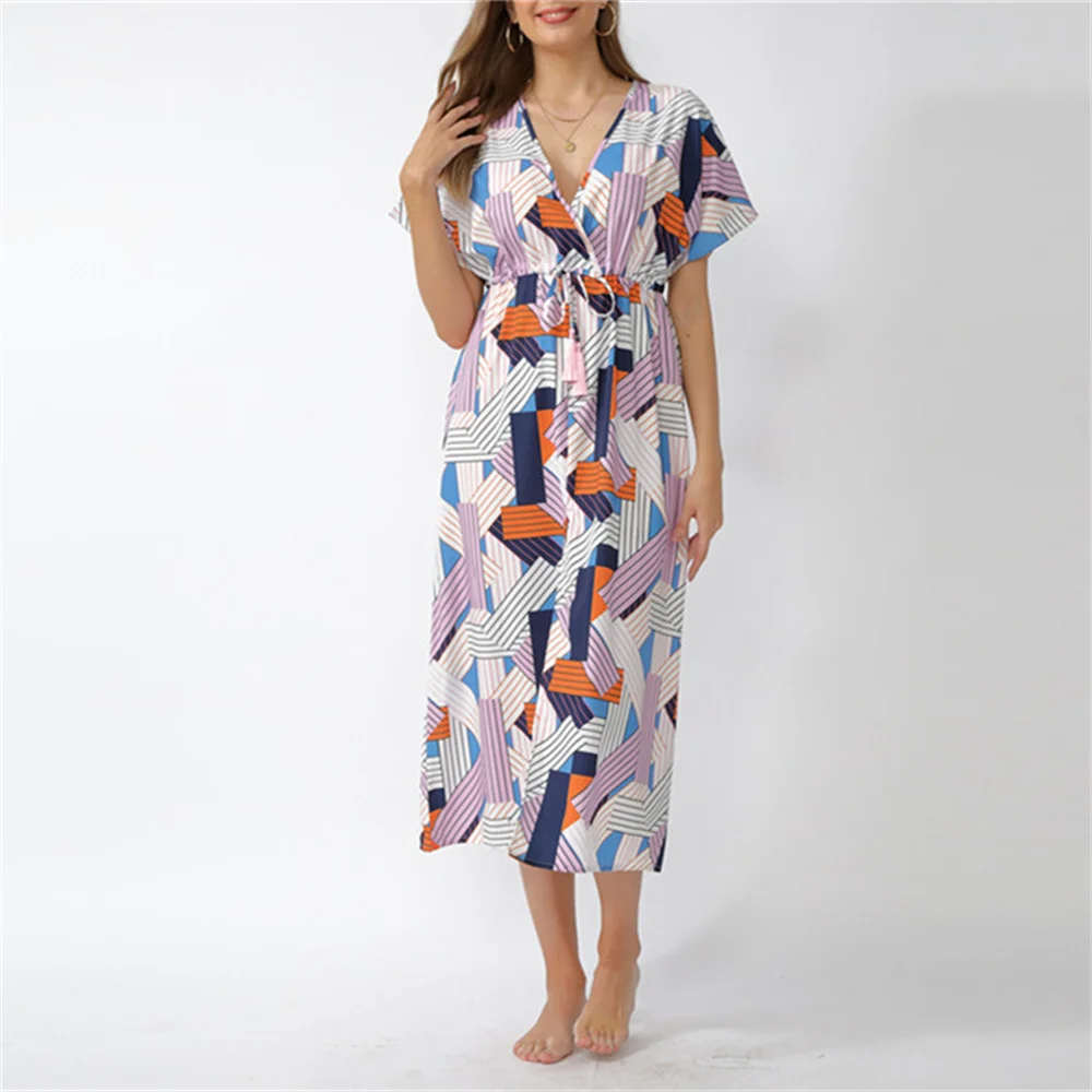

Fashion Print Swimsuit Cover up Robe De Plage 2021 Summer Bohemian Dress Plus size Beachwear Cover-ups Beach Kaftan Pareo Dress