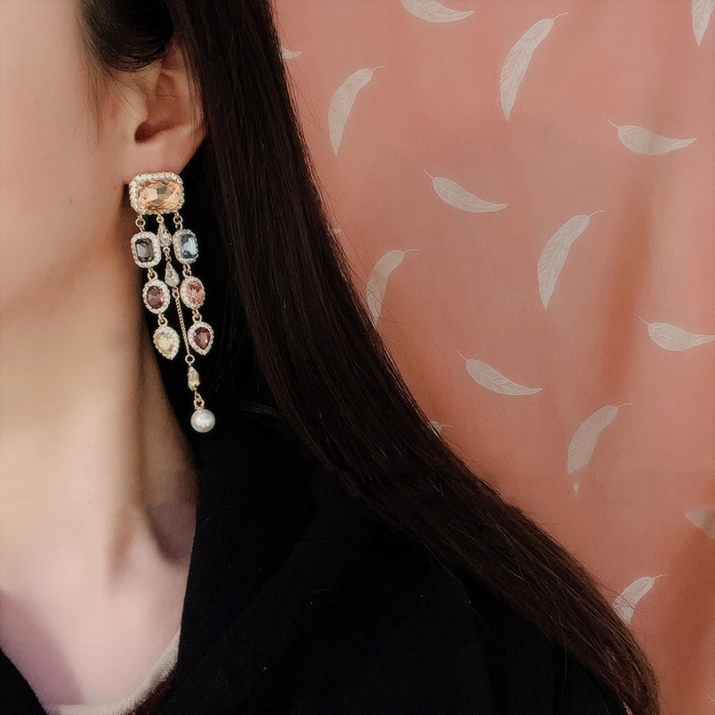 

MENGJIQIAO Fashion Waterdrop Colorful Square Crystal Long Drop Earrings For Women Luxury Party Temperament Pendientes Jewelry