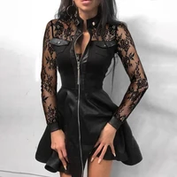 spring summer women casual long sleeve mock neck daily wear crochet lace pu leather zip front casual dress