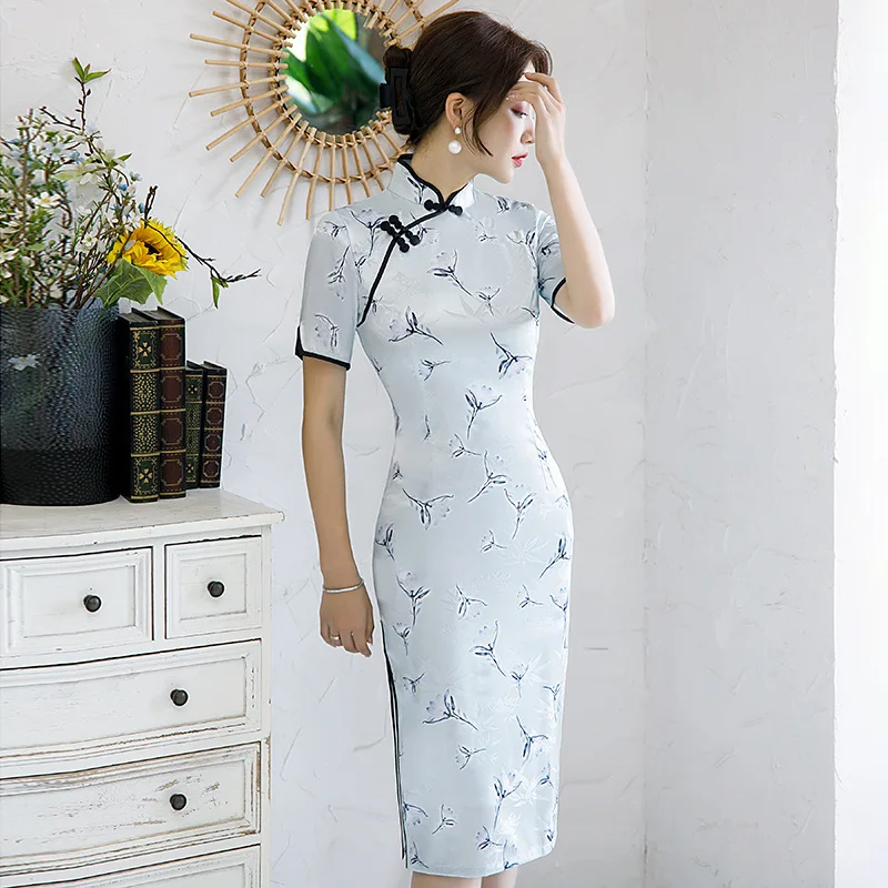 

Satin Blue Sexy Cheongsam Oversize 3XL Short Qipao Elegant Bridal Wedding Party Dresses Flower Print 2021 Lady Vintage Vestidos