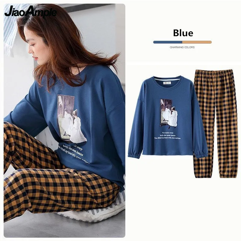 Sleepwear Women's Pajamas 2022 Spring Autumn New Plaid Long-sleeved Trousers Pijamas Two-piece Casual Nightie Home Clothes Suits