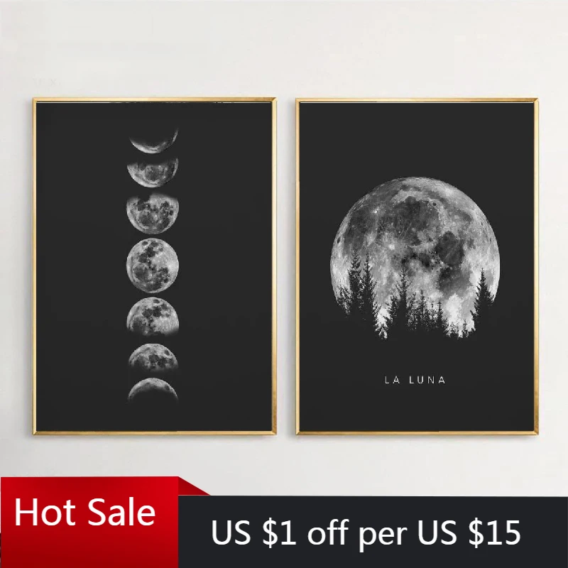 Минималистичный плакат с полной луной Настенный декор искусство черная белая