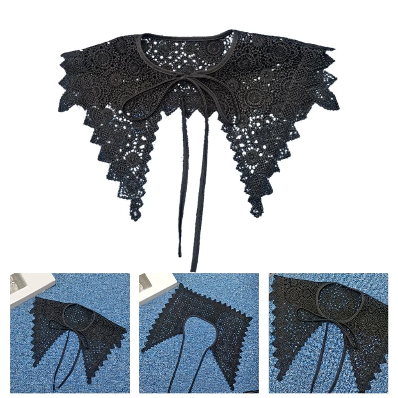 

Womens Black Lace Detachable Fake Collar Dickey Hollow Out Crochet Floral Patterned Necklace Lace-Up Mini Cape Shawl