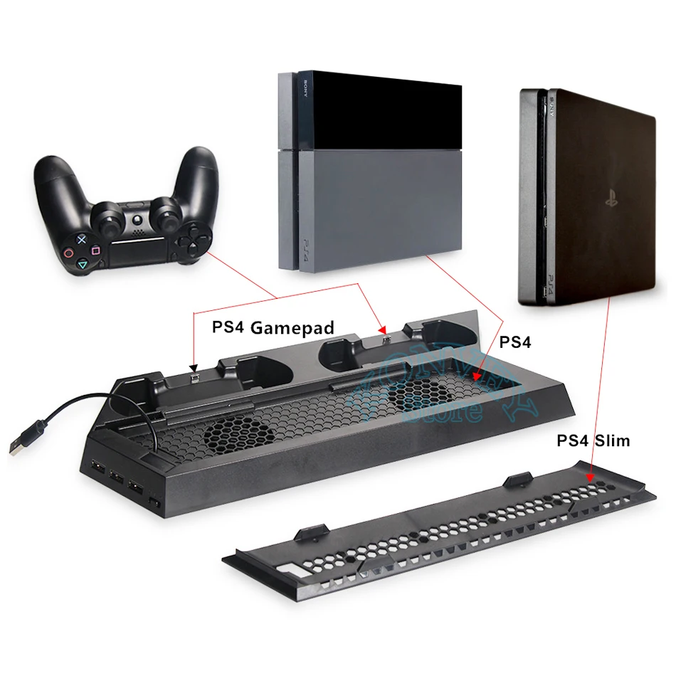 Многофункциональная вертикальная охлаждающая подставка с двойной док-станцией для зарядки геймпадов для Sony PS4 / Slim.