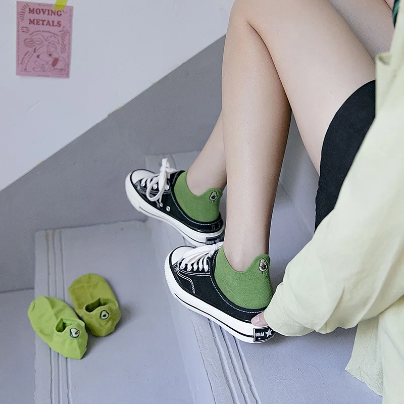 10Pcs=5Pairs/Lot New Green Cotton Women's Boat Socks Breathable Comfort Embroidery Avocado Cartoon Cute Socks Pack