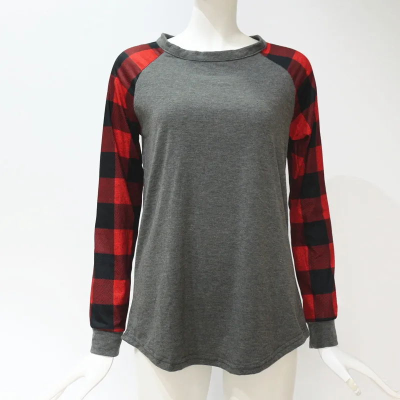 Повседневные футболки в клетку с принтом женские топы круглым вырезом и длинным