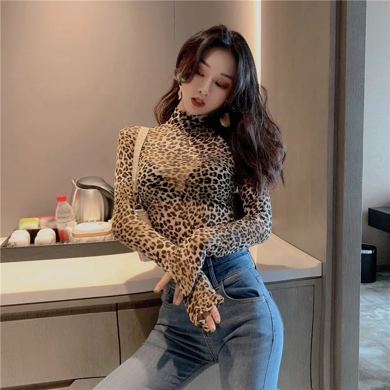 

Jlong Sexy Leopard T Shirt Women Perspective Mesh T Shirts Korean Long Sleeve Tops