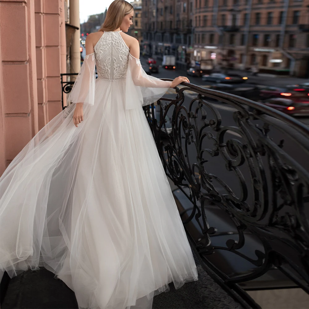 

Vestidos Elegant Wedding Dresses Tulle Illusion Handmade Flowers High Collar Full Sleeve Zipper Ball Bridal Gowns