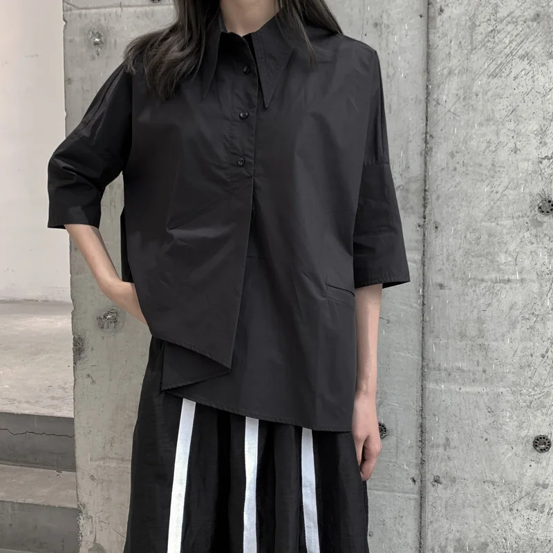 

Dark wind summer short-sleeved shirt female niche design sense loose top design stylist shirt women-blouses ladies tops