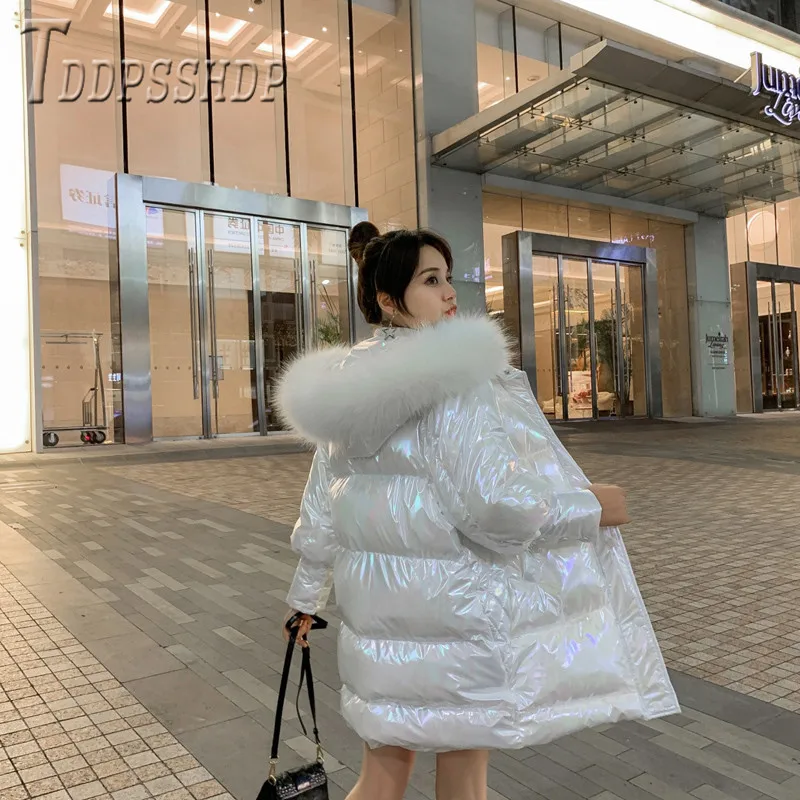 2019 популярные милые глянцевые женские парки с пушистым воротником зимнее теплое