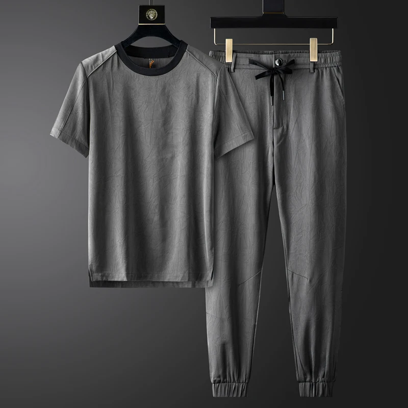 

2021 Grey Summer Mens Sets (t-shirt+pants) Luxury Short Sleeve Casual Male Tracksuit Fashion Slim Fit Sport Man Sets 3XL