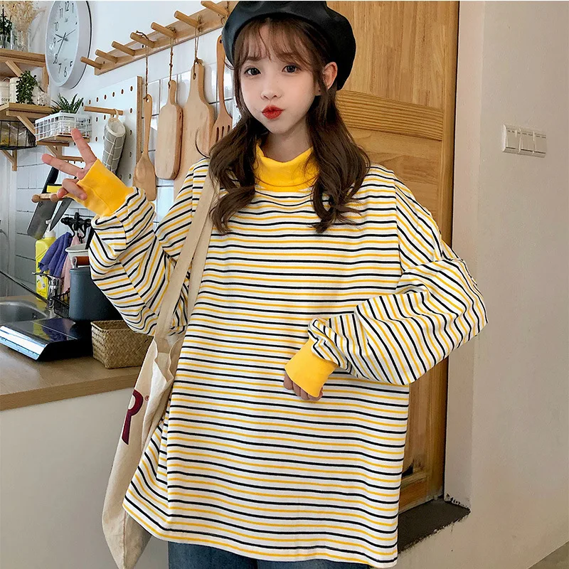 

Striped Gentle Oversized Hoodie Sweater Women Korean Loose Boyfriend Style Thin High-Neck Fake Two-Piece Blouse