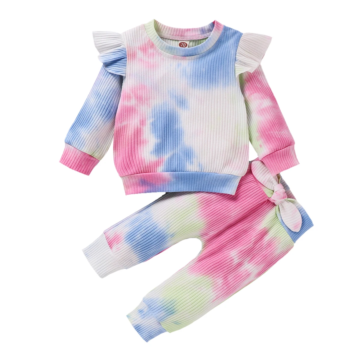 

2Pcs Baby Infant Girls Tie Dye Ribbed Sets Long Sleeve O Neck Tops Bow Pants Toddler Autumn Casual Autumn Outfits 6M-4Y