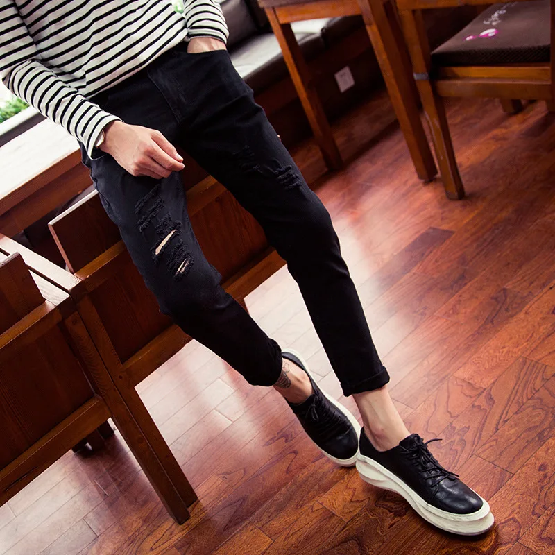Джинсы мужские тонкие рваные в стиле хип-хоп модные брюки Slim Fit повседневные