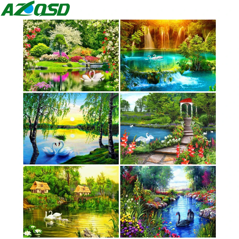 

AZQSD Diamond Painting Swan Cross Stitch Handmade Diamond Embroidery Scenery Mosaic Gift Home Decor Needlework Rhinestones