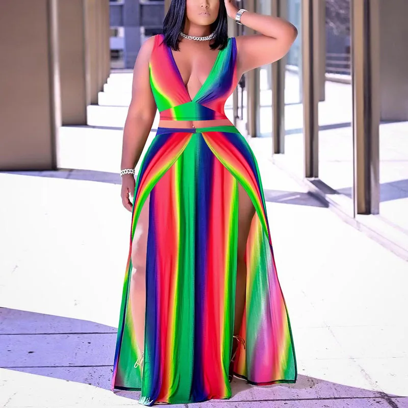 

Two Pieces Sets Women Striped Printed Sleeveless Top & High Slit Wide Leg Pants