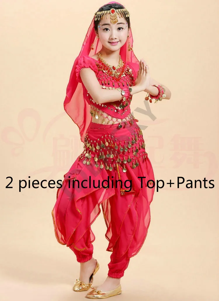 hot pink 2pcs Арабский танец живота с блестками, профессиональный костюм для танца живота, детские костюмы, Детский костюм, комплект для взрослых и детей, топ, штаны - Цвет: hot pink 2pcs