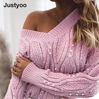 winter long sleeve pearl women knit sweater 2021 lady autumn beading v neck hollow knitted top sexy off shoulder sweater ladies