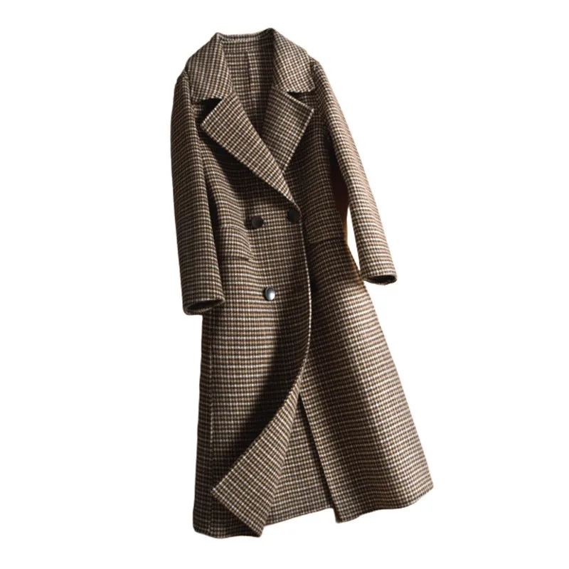 

2020 Winter Women Wool Coat Elegant Houndstooth Long Woolen Coat Double-breasted Female Warm Outerwear Casaco Feminino M437