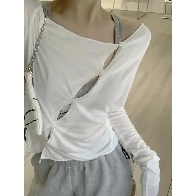

Yedinas Korean Slash Neck Slim T-shirt Long Sleeve Hollow Out Oblique Buckle Chic Design T Shirts Women Sexy Irregular Tee Shirt