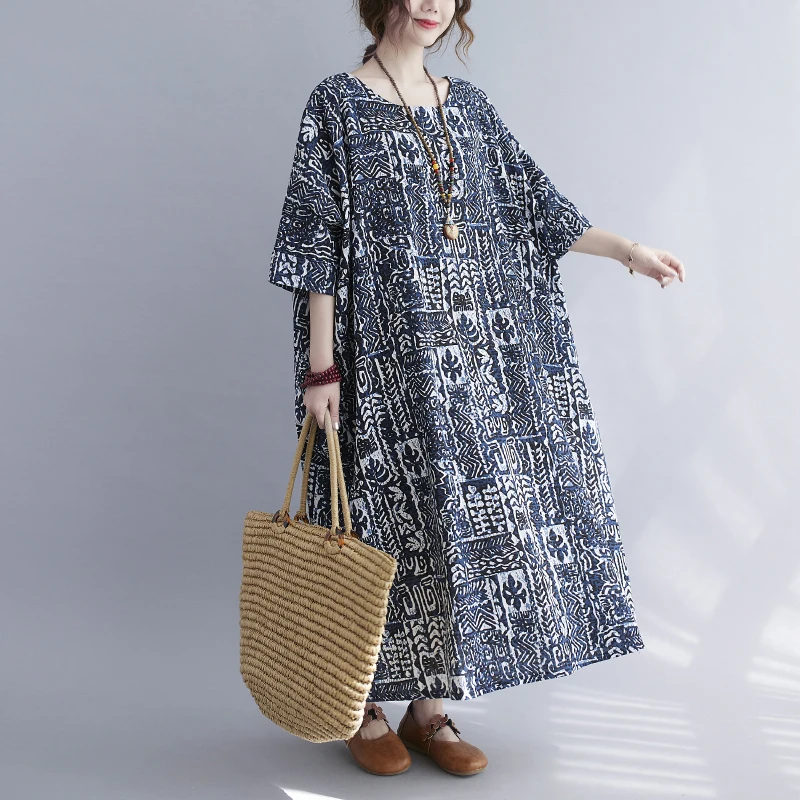

Plus Size Floral Cotton Linen Summer Flower Dress Vintage Ladies Dresses for Women Casual Long Dress Robe Oversized Long Dress
