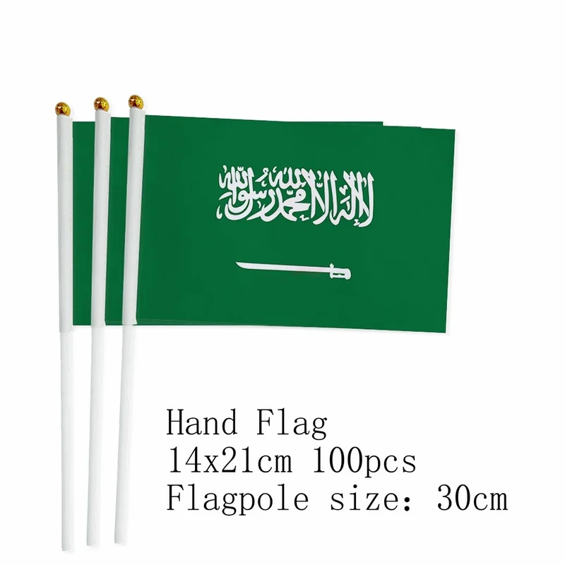 

zwjflagshow Saudi Arabia Hand Flag 14*21cm 100pcs Saudi Arabia Small Hand waving Flag with plastic flagpole for decoration