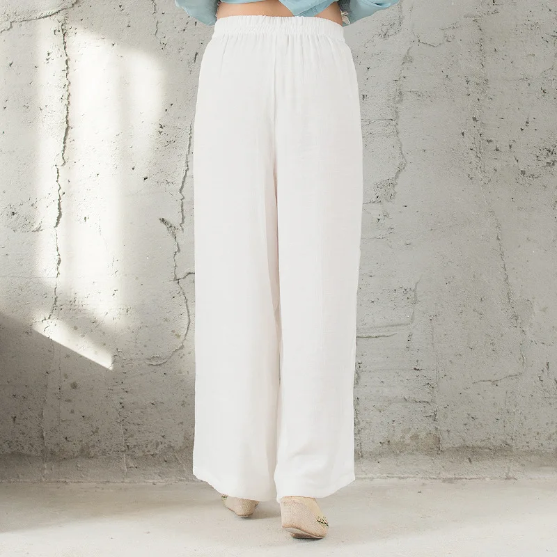 

2021 cotton and linen elastic waist wide-leg pants women's trousers ethnic style women's loose solid color retro linen trousers