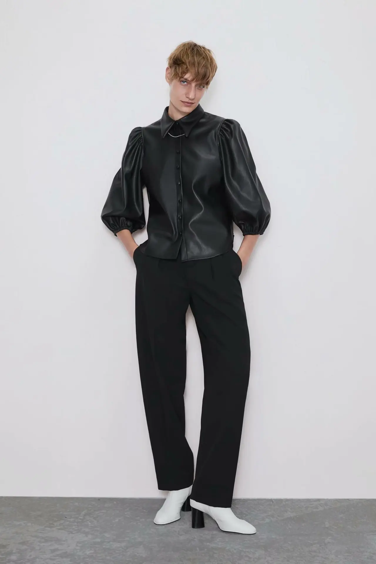 Женская рубашка с отложным воротником пиджак из искусственной кожи длинными