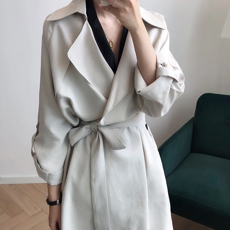 

Fad Spring Women Long Coat Turn Down Collar Harajuku Creamy-White Trench Casaco Feminino Abrigo Mujer Femme