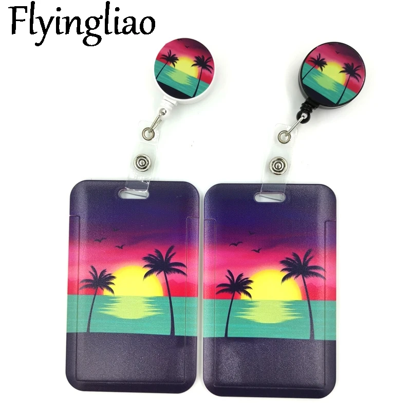 

Sailing Sun Sunset Coconut Tree Cute Card Cover Clip Lanyard Retractable Student Nurse Badge Clip Cartoon ID Card Badge Holder