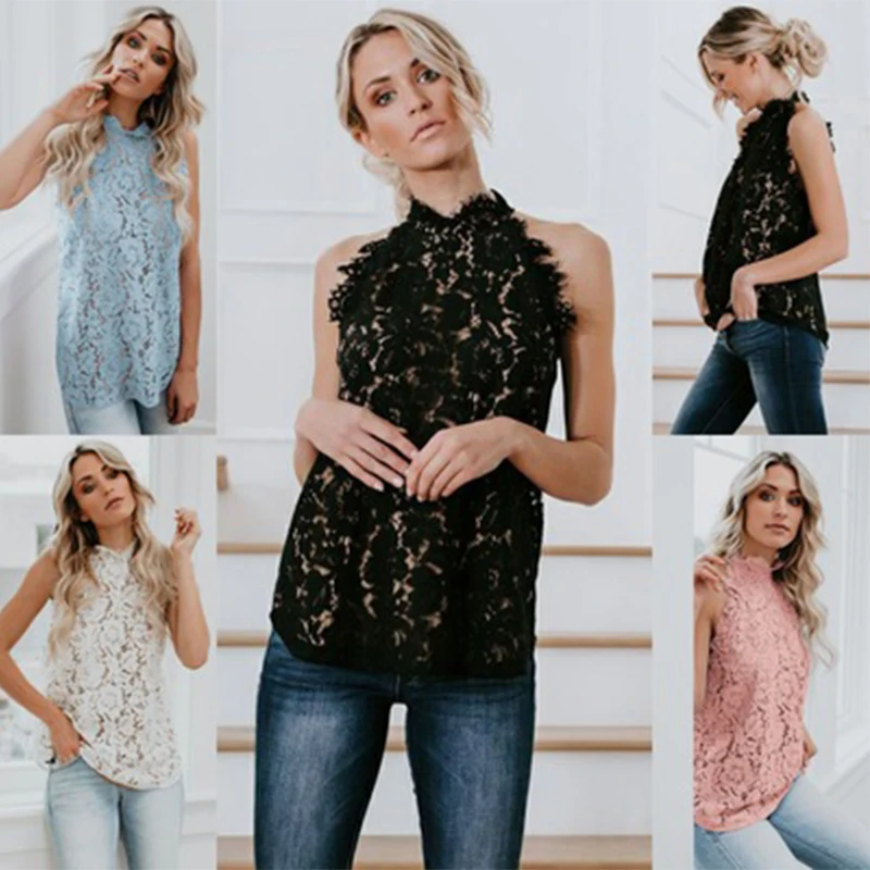 

Office 20192021Summer Hot Sale Women's Sexy Hollow SleevelessTop Lace blouse female topjes dames аласнй оп traf vlentton xxxx