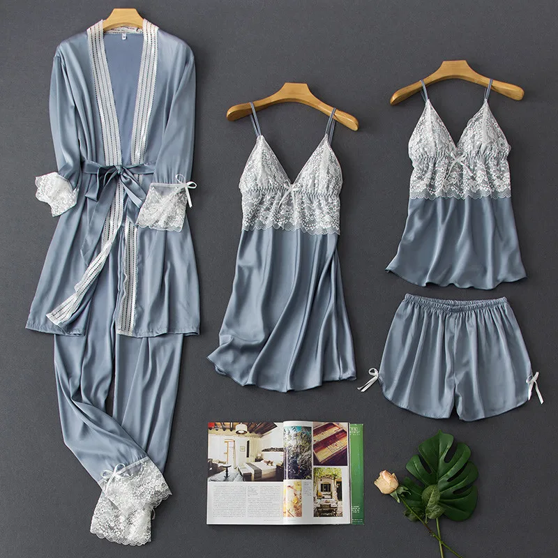 

Sexy 5PCS Bathrobe Sleepwear Pathwork Women Lace Kimono Gown Intimate Lingerie Satin Novelty Sleep Set Nightwear Homewear