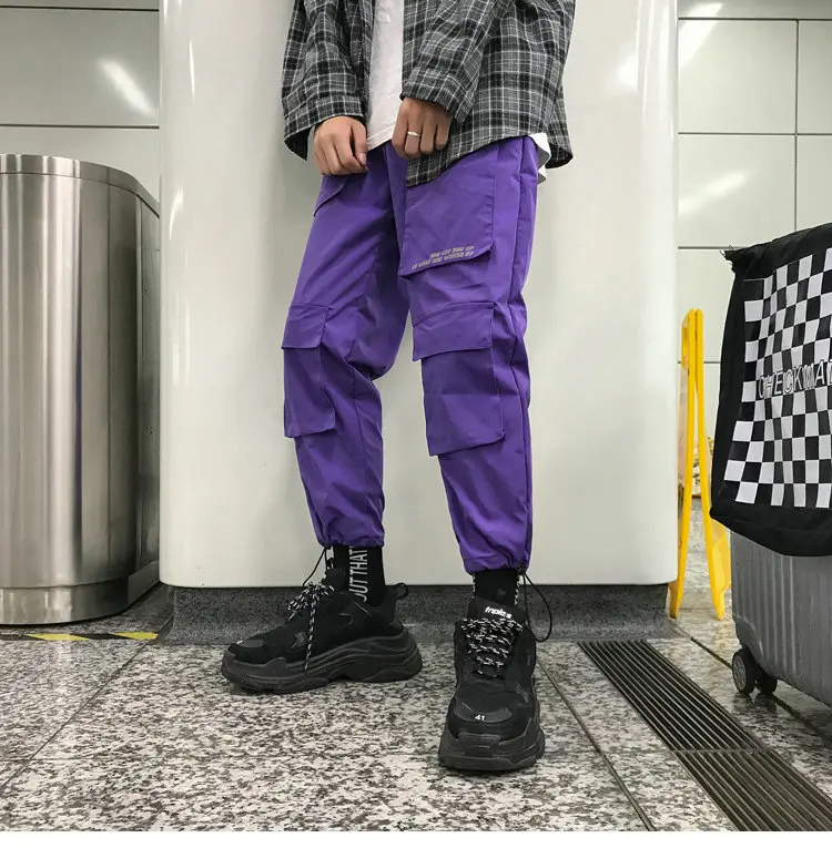 Men Streetwear Cargo Pants 2021 Overalls Mens Baggy Hip Hop Joggers Pants Pockets Harem Pants Purple Sweatpants Korean alibaba pants