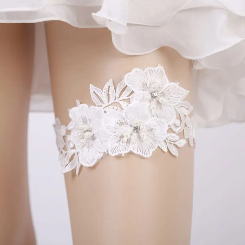 

Wedding Bridal Sexy Leg Garter Embroidery Floral Lace Rhinestone Bead Thigh Ring