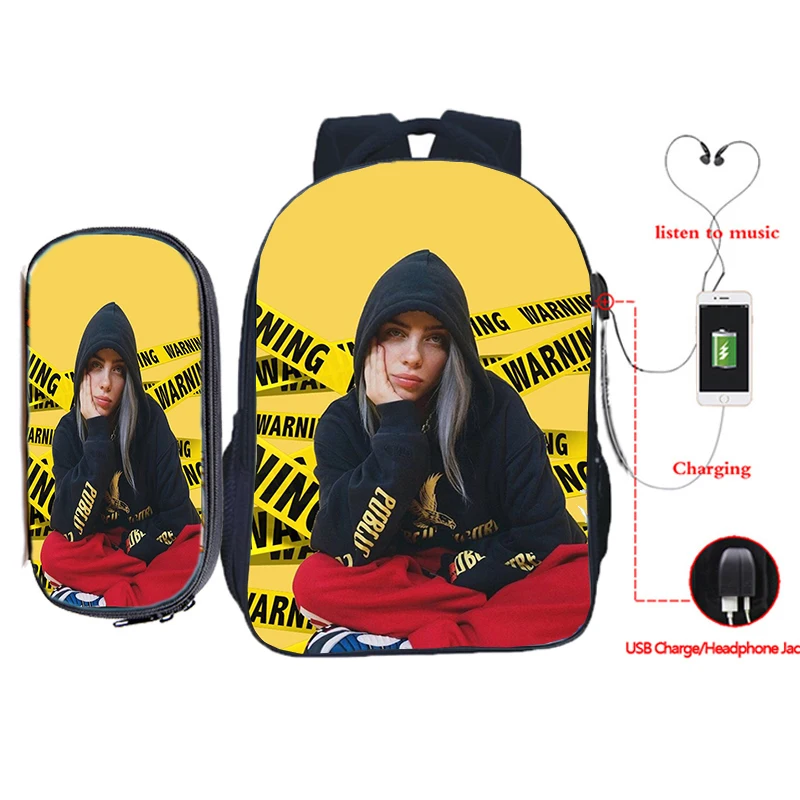 Billie Eilish рюкзак для зарядки через usb 2 шт./компл. школьная сумка для подростков мальчиков и девочек рюкзак для ноутбука пенал Дорожная сумка на плечо