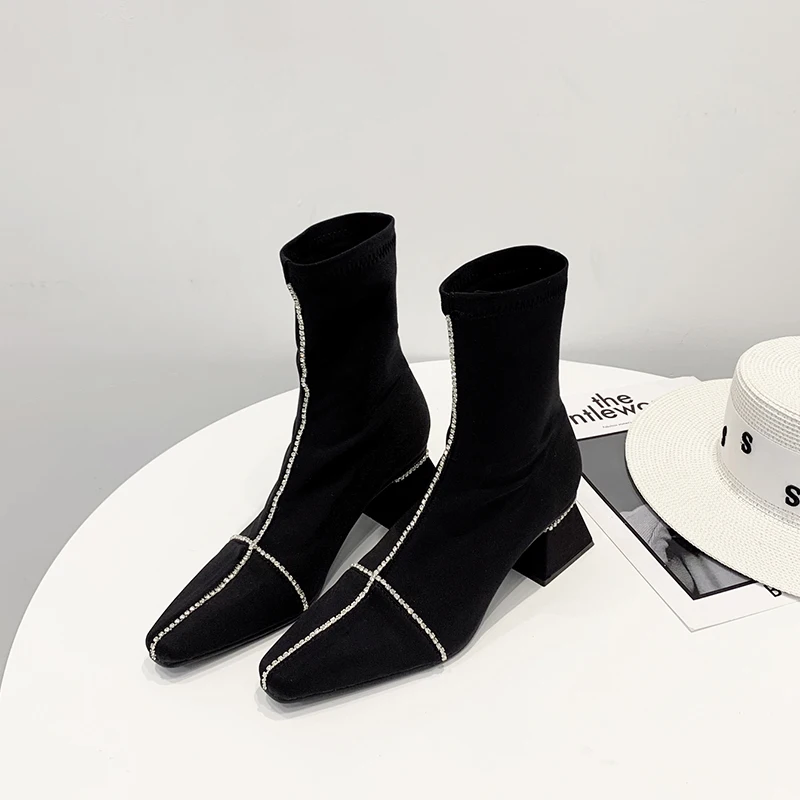 2019 г. женские фиолетовые ботинки ботильоны из сатина Шелковый носок сапоги на