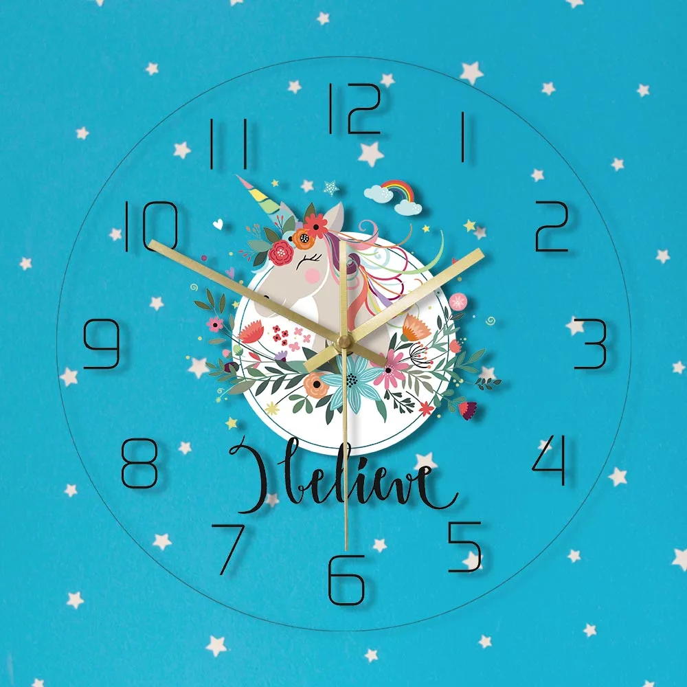 Настенные часы I Believe в виде единорога акварельные Фэнтези единорог с цветочной
