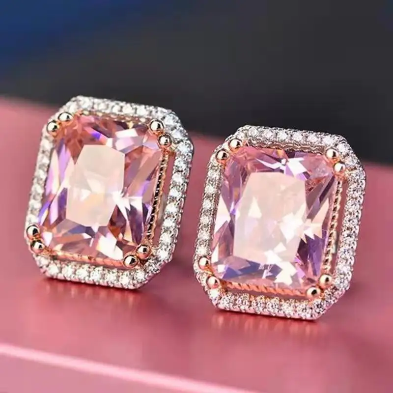 

Exquisite Fashion Pink Crystal Stud Earrings Zircon Silver Plated Stud Earrings Engagement Jewelry Wedding Stud Earrings