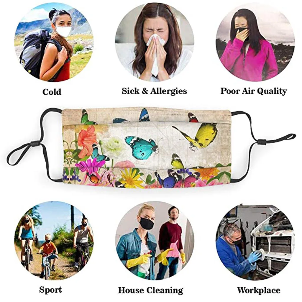 

Butterfly Face Mask Flower Face Casual Mask Printed Masks Fabric Adult With 2pc Activated Carbon Filter Windproof Mouth-muffle