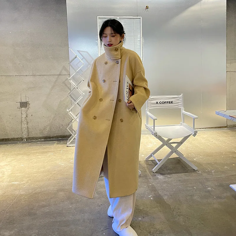 

Осенне-зимние винтажные шерстяные куртки средней длины для женщин, новинка 2021, модное свободное высококачественное шерстяное пальто с драп...