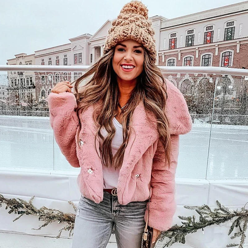 Зимнее Розовое женское пальто из искусственного меха с длинным рукавом мягкая