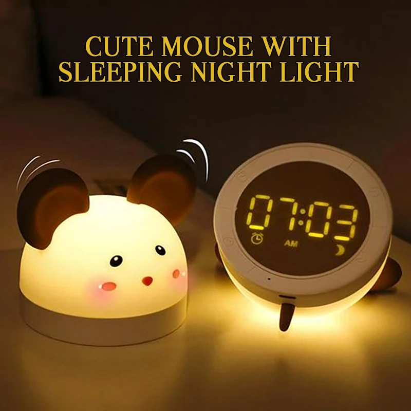 

Smart Alarm Clock Silicone Night Light Led Electric Digital Bedside Clock Little Mouse Decorative Lights Home Bedroom Decor Tool